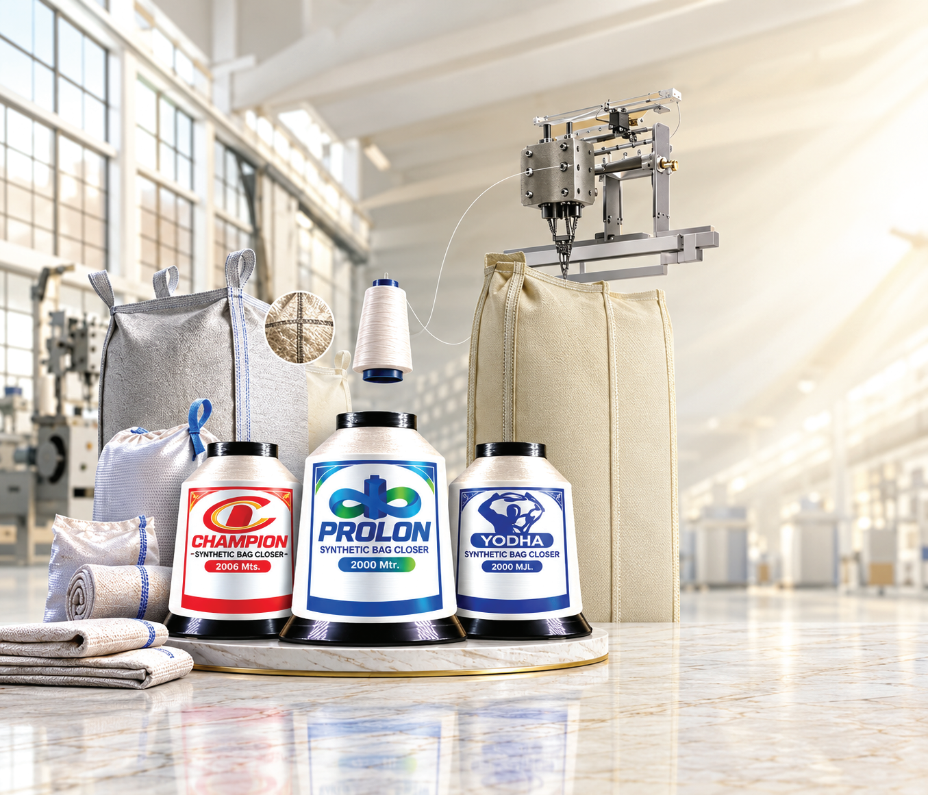 CHAMPION, PROLON and YODHA bag closing thread cones with PP, BOPP and FIBC bags on a production floor